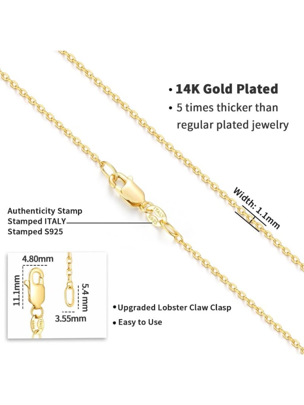 14K Gold Plated Sterling Silver Chain Necklace for Women, Adjustable Length - Picture 4 of 5